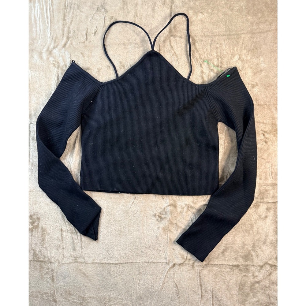 Garage Chantal Cold Shoulder Sweater Jet Black Ribbed Halter Neck Top Large NWT